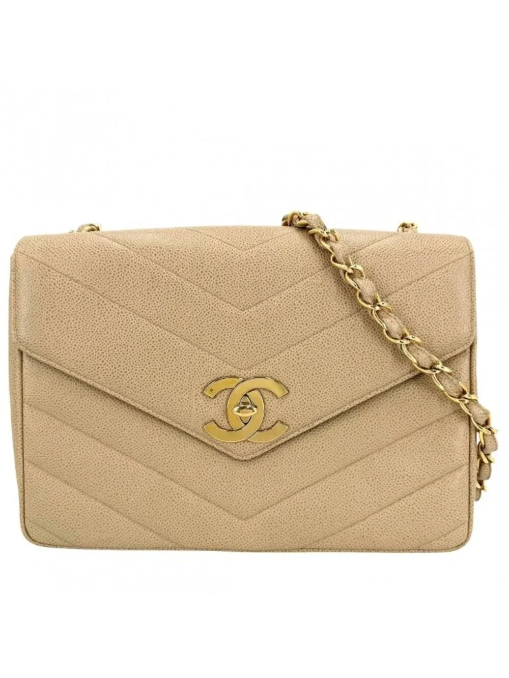 Chanel Shoulder Bag CC Logo Turnlock Crossbody Stitch Chez Blanc Caviar Leather